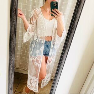 POL Boho White Lace Kimono Duster Cover Up M/L
